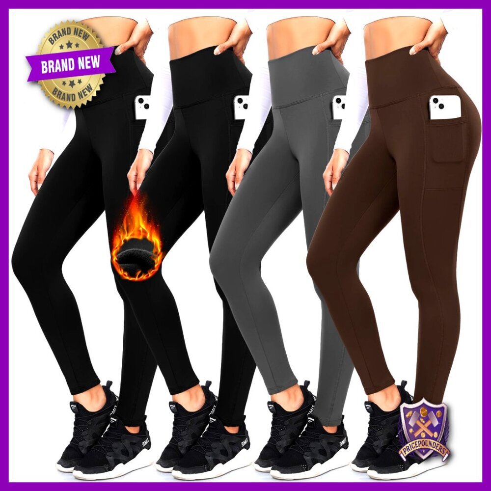 Fleece Lined Leggings with Pockets High Waisted Thermal Yoga Pants for Winter